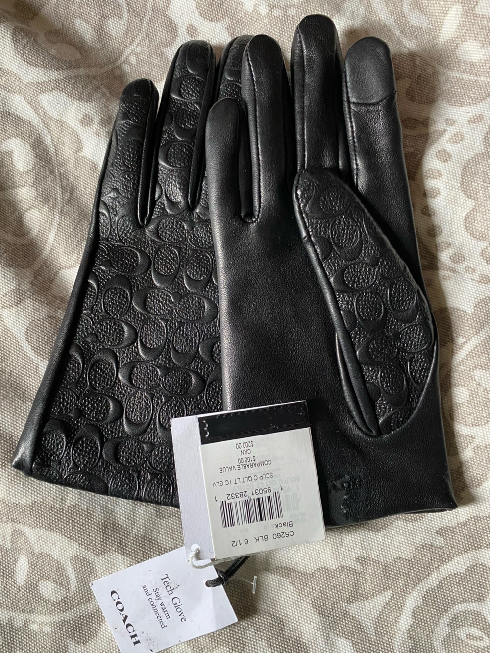 Coach Black Leather Embossed Signature Tech Gloves